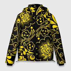 Куртка зимняя мужская Хохломская роспись золотые цветы на чёроном фоне, цвет: 3D-черный