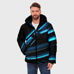 Куртка зимняя мужская Черная абстракция с синим неоновым ярким свечением, цвет: 3D-черный — фото 2