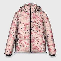 Куртка зимняя мужская Розовый паттерн с цветами и котиками, цвет: 3D-черный
