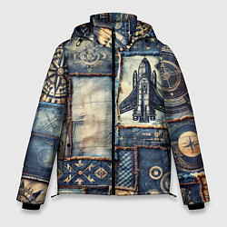 Куртка зимняя мужская Космический корабль - пэчворк, цвет: 3D-черный
