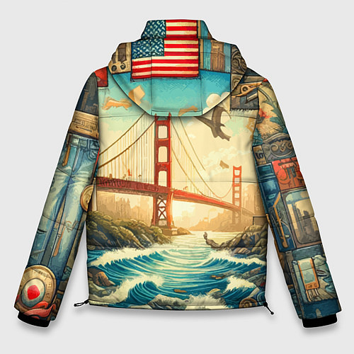 Мужская зимняя куртка Мост через реку и пэчворк - нейросеть арт USA brid / 3D-Черный – фото 2