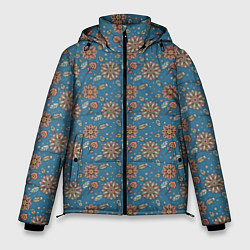 Куртка зимняя мужская Цветочный узор в стиле бохо на синем, цвет: 3D-красный