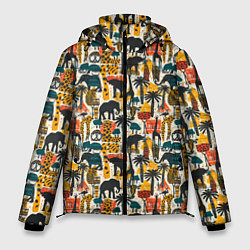 Куртка зимняя мужская Африка паттерн пальмы животные, цвет: 3D-черный