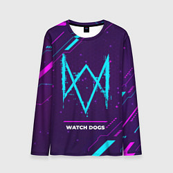 Мужской лонгслив Символ Watch Dogs в неоновых цветах на темном фоне