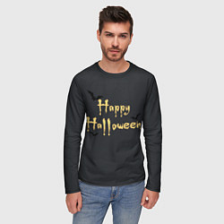 Лонгслив мужской Happy Halloween надпись с летучими мышами, цвет: 3D-принт — фото 2