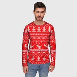 Лонгслив мужской Рождественский красный свитер с оленями, цвет: 3D-принт — фото 2