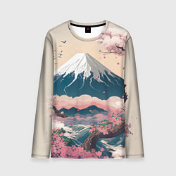 Лонгслив мужской Японский пейзаж: цветение сакуры у горы Фудзияма, цвет: 3D-принт