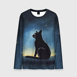 Лонгслив мужской Черный кот и звезды - акварель, цвет: 3D-принт