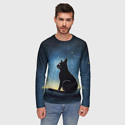 Лонгслив мужской Черный кот и звезды - акварель, цвет: 3D-принт — фото 2