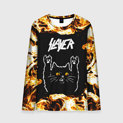 Мужской лонгслив Slayer рок кот и огонь