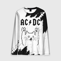 Мужской лонгслив AC DC рок кот на светлом фоне