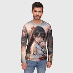 Лонгслив мужской Девушка самурай в саду сакуры, цвет: 3D-принт — фото 2