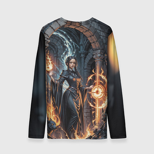 Мужской лонгслив Ведьма с черными собаками и огонь в руинах / 3D-принт – фото 2
