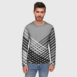Лонгслив мужской Косые черно-белые полосы на сером, цвет: 3D-принт — фото 2