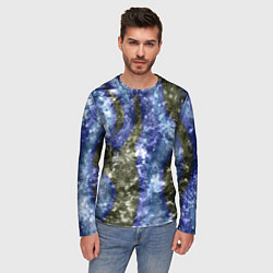 Лонгслив мужской Абстракция - гранж синие полосы на сером, цвет: 3D-принт — фото 2