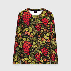 Лонгслив мужской Хохломская роспись красные ягоды, цвет: 3D-принт