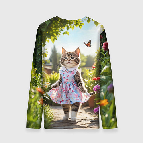 Мужской лонгслив Кошка в летнем платье в саду / 3D-принт – фото 2
