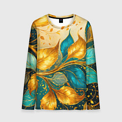 Лонгслив мужской Листья абстрактные золото и бирюза, цвет: 3D-принт