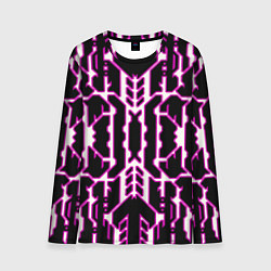 Мужской лонгслив Техно белые линии с розовой обводкой на чёрном фон