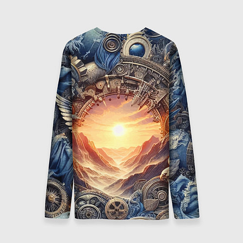 Мужской лонгслив Закат солнца в горах - стимпанк коллаж / 3D-принт – фото 2