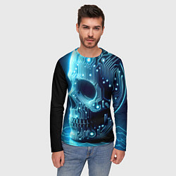 Лонгслив мужской Cyber neon skull - ai art с дорожками на плате, цвет: 3D-принт — фото 2