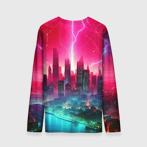 Мужской лонгслив Неоновая гроза в мегаполисе - удар молнии / 3D-принт – фото 2
