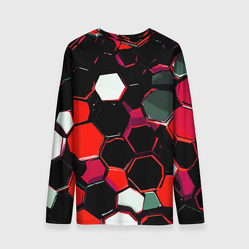 Мужской лонгслив Красно-белые шестиугольники на чёрном фоне / 3D-принт – фото 2