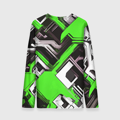 Мужской лонгслив Бело-зелёный техно паттерн на чёрном фоне / 3D-принт – фото 2
