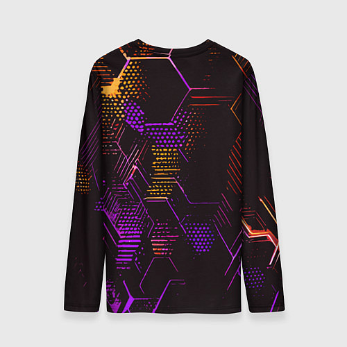 Мужской лонгслив Жёлто-фиолетовые точки и линии на чёрном фоне / 3D-принт – фото 2