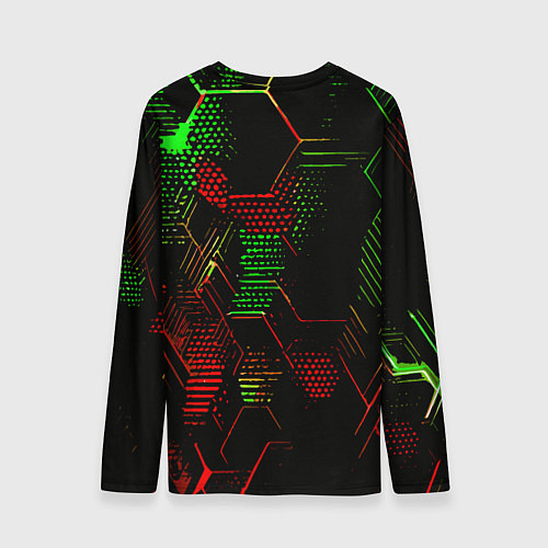 Мужской лонгслив Красно-зелёные точки и линии на чёрном фоне / 3D-принт – фото 2