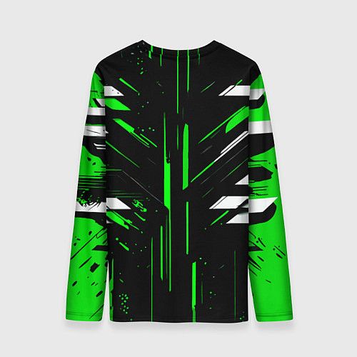 Мужской лонгслив Зелёно-белые полосы и точки на чёрном фоне / 3D-принт – фото 2