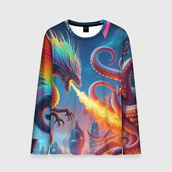 Мужской лонгслив Огнедышащий дракон против осьминога - нейроарт фан
