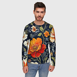 Лонгслив мужской Маки и пионы старинный паттерн, цвет: 3D-принт — фото 2