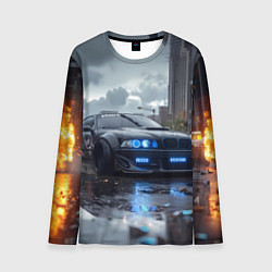 Лонгслив мужской BMW синие фары дождливая погода, цвет: 3D-принт