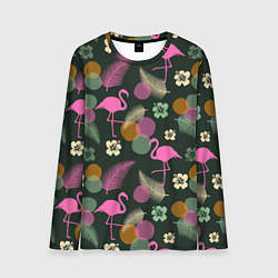 Лонгслив мужской Фламинго и листья на темно-зеленом, цвет: 3D-принт