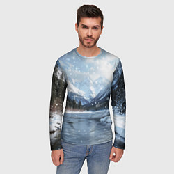 Лонгслив мужской Снежный горный пейзаж с елями и рекой, цвет: 3D-принт — фото 2