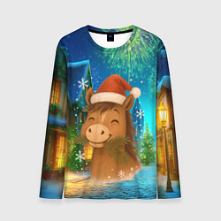 Мужской лонгслив Новогодняя лошадка жует елочные ветки