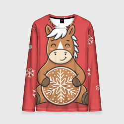 Лонгслив мужской Новогодняя лошадка с печенькой, цвет: 3D-принт
