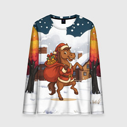 Лонгслив мужской Новогодняя лошадка с мешком подарков, цвет: 3D-принт