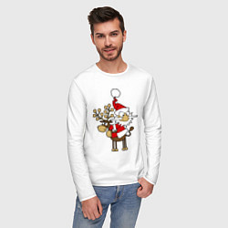 Лонгслив хлопковый мужской Санта на олене, цвет: белый — фото 2