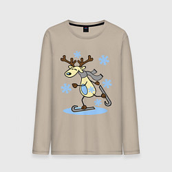 Лонгслив хлопковый мужской Олень на лыжах, цвет: миндальный