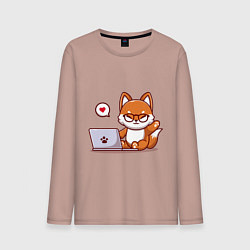 Лонгслив хлопковый мужской Cute fox and laptop, цвет: пыльно-розовый