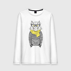 Лонгслив хлопковый мужской Hipster Cat, цвет: белый