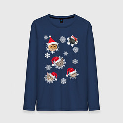 Лонгслив хлопковый мужской Новогодние Коты в Шапках, цвет: тёмно-синий