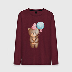 Лонгслив хлопковый мужской Медвежонок с шариками День Рождения, цвет: меланж-бордовый