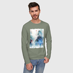 Лонгслив хлопковый мужской Изумительный японский пейзаж, цвет: авокадо — фото 2