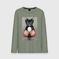 Лонгслив хлопковый мужской Крутой котяра в боксёрских перчатках Cool cat in b, цвет: авокадо