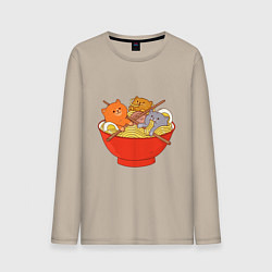 Лонгслив хлопковый мужской THREE CATS EATING NOODLES, цвет: миндальный