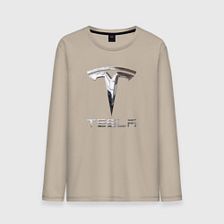 Лонгслив хлопковый мужской Tesla Logo Тесла Логотип, цвет: миндальный