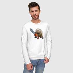Лонгслив хлопковый мужской Бобер с бензопилой, цвет: белый — фото 2